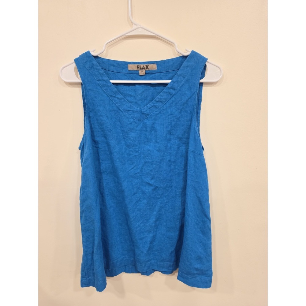 FLAX Linen Tank Top Blue Lagenlook Sleeveless‎ V Neck Boxy Minimalist Petite SM